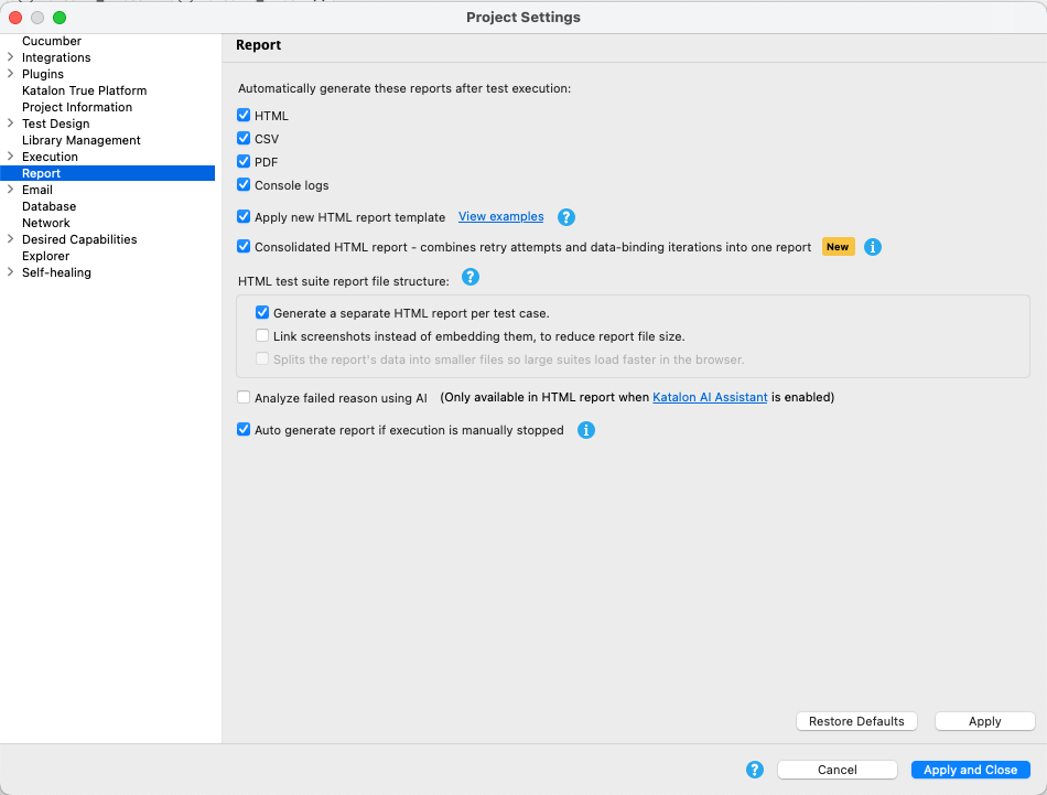 Consolidated HTML report and per-test-case report options in Project Settings > Report